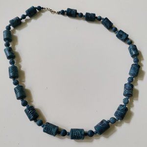 4/$20 Vintage Blue Carved Acrylic Bead Necklace Cylinder Bead 22" long